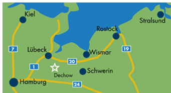 Dechow liegt fast genau zwischen Hamburg, Luebeck und Schwerin